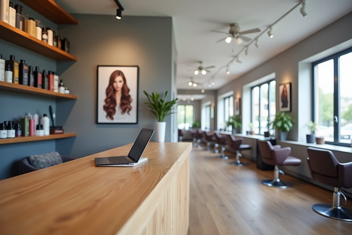 Accueil et espace de réception du salon de coiffure Hair-actuel.fr à La Chapelle-Heulin avec produits capillaires professionnels