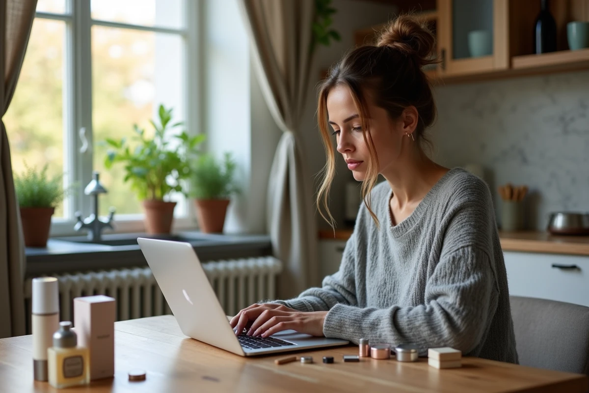 Femme comparant les prix de cosmétiques sur un site de livraison beauté depuis son appartement