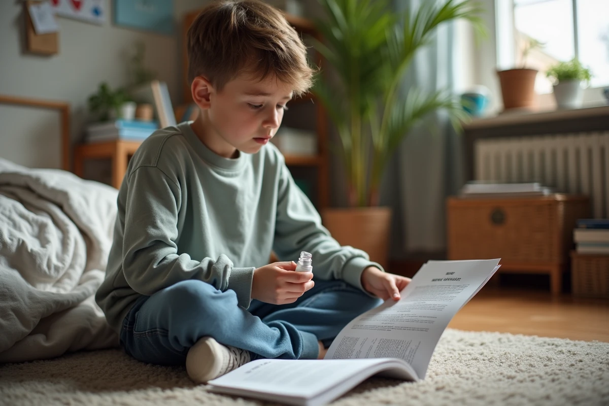 Adolescent examinant un leaflet de soins visage dans sa chambre