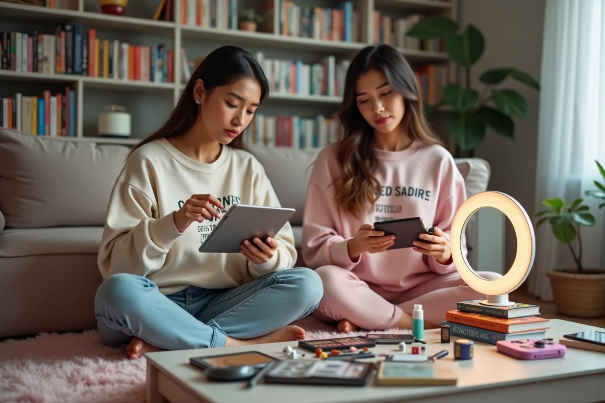 Deux amies geeks partageant un moment de maquillage et de lecture de blog beauté entourées de jeux et de mangas dans un salon cosy
