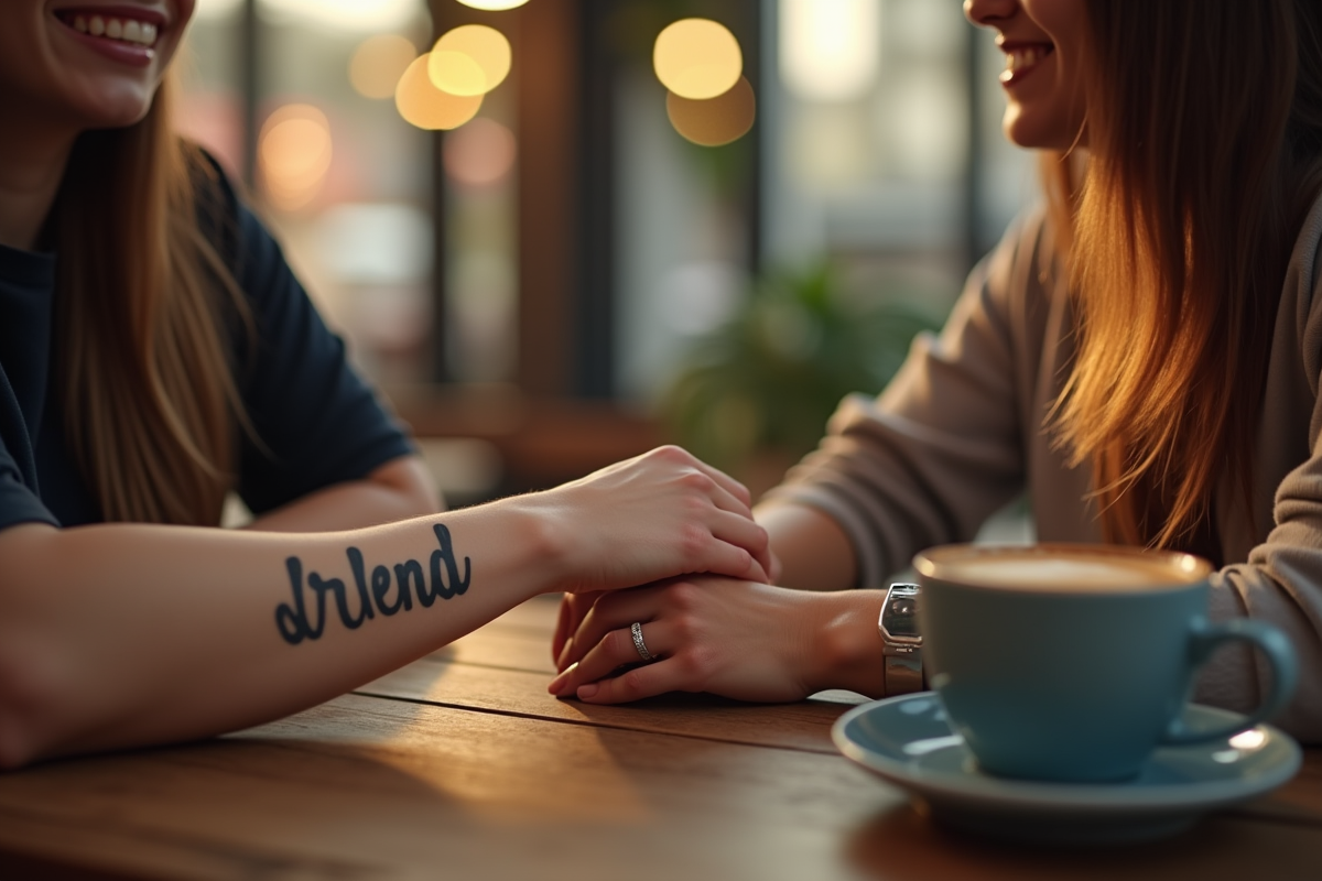 Deux amis au café montrant un tatouage nom sur le poignet