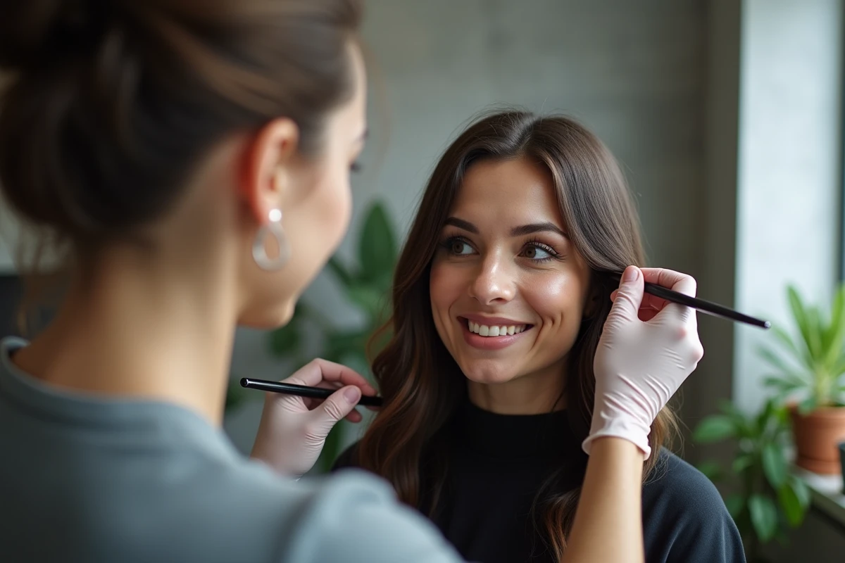 Coloriste professionnelle appliquant une technique de grey blending sur les cheveux bruns d'une cliente en salon, résultat naturel et tendance 2026