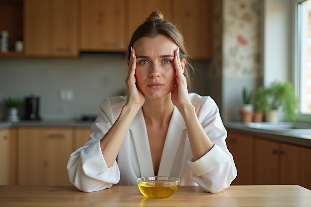 Femme appliquant de l'huile d'olive sur son visage à une table de cuisine avec un bol d'huile dorée devant elle