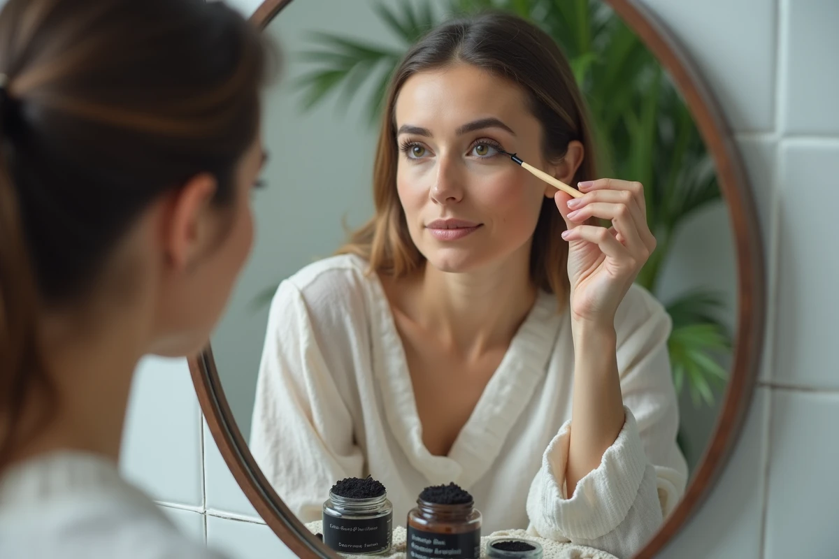 Femme appliquant du khôl fait maison sur ses yeux avec un bâtonnet traditionnel devant un miroir de coiffeuse