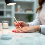 Technicienne en ongles appliquant de la porcelaine sur les ongles d'une cliente dans un salon moderne