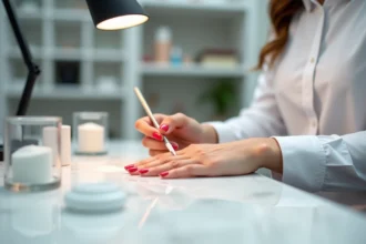 Technicienne en ongles appliquant de la porcelaine sur les ongles d'une cliente dans un salon moderne