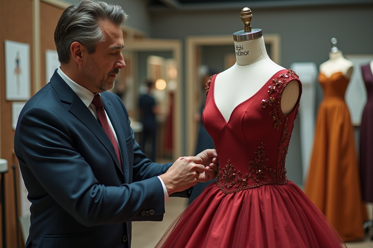 Couturier ajustant une robe de soirée dans son atelier moderne