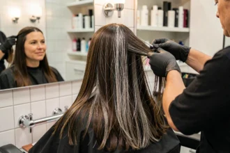 Femme aux cheveux bruns avec racines grises en cours de balayage chez un coiffeur professionnel