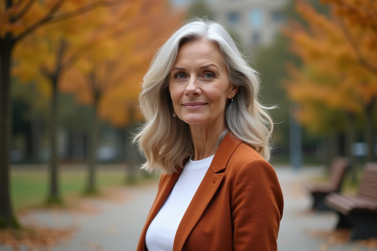 Femme aux cheveux blancs avec balayage roux caramel en extérieur dans un parc en automne, vagues naturelles
