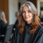 Femme de 50 ans avec balayage roux sur cheveux blancs dans un salon de coiffure moderne, reflet dans le miroir