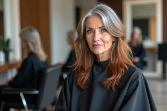 Femme de 50 ans avec balayage roux sur cheveux blancs dans un salon de coiffure moderne, reflet dans le miroir