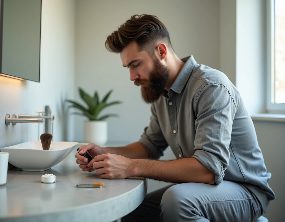 Homme avec une barbe ticket de métro bien droite et outils de rasage disposés sur un comptoir minimaliste