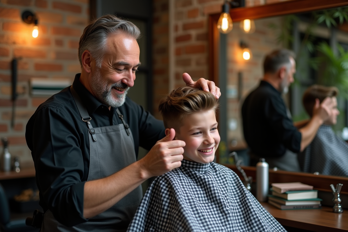 Barbier montrant la coupe tiper à un adolescent souriant