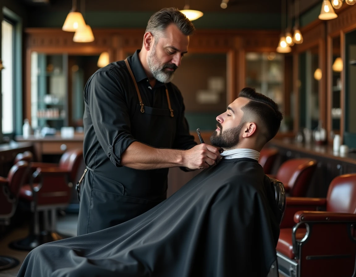 Barbier professionnel rasant une ligne de barbe ticket de métro sur un client en salon de coiffure