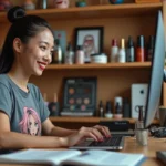 Jeune femme geek passionnée de maquillage travaillant sur son blog beauté entourée de produits cosmétiques et de figurines de collection