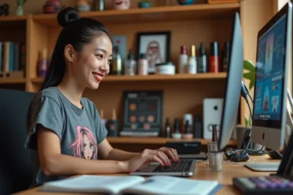 Jeune femme geek passionnée de maquillage travaillant sur son blog beauté entourée de produits cosmétiques et de figurines de collection