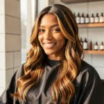 Femme à peau mate avec des mèches caramel miel mises en valeur dans un salon de coiffure moderne