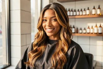 Femme à peau mate avec des mèches caramel miel mises en valeur dans un salon de coiffure moderne