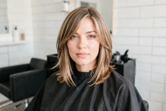 Femme aux cheveux fins coiffée d'un carré dégradé effilé tombant sur les épaules dans un salon de coiffure moderne