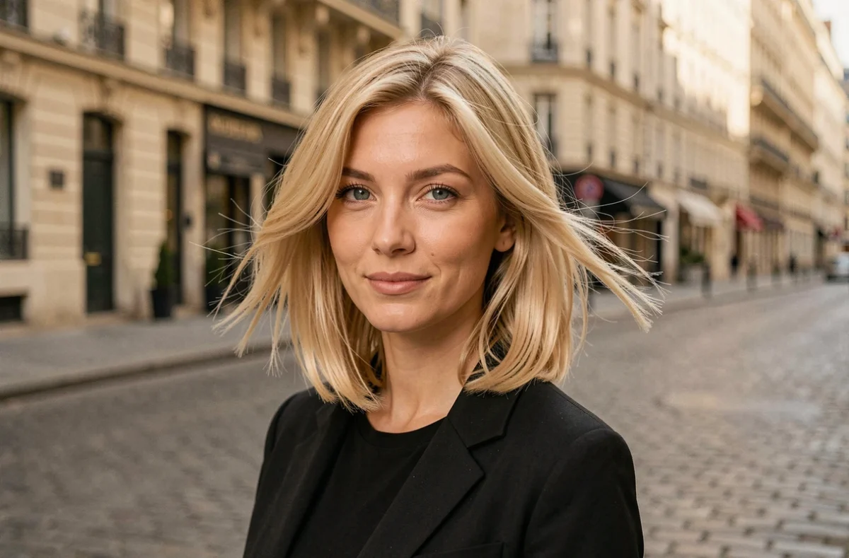 Femme blonde avec une coupe carré dégradé mi-long en extérieur dans une rue parisienne pittoresque