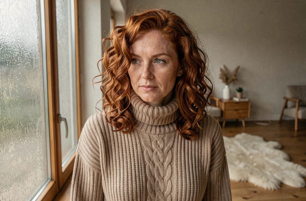 Femme rousse avec un carré mi-long bouclé volumineux dans un salon scandinave lumineux