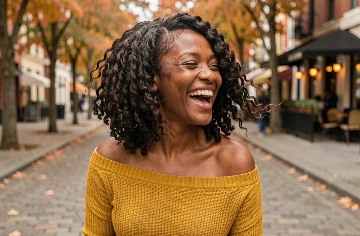 Femme noire avec un carré mi-long bouclé naturel dans une rue pavée en automne