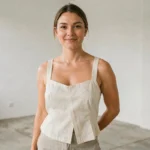 Femme au visage rond portant un carré plongeant court déstructuré en lin ivoire dans un studio parisien minimaliste