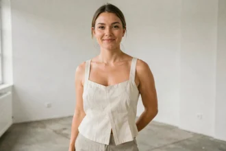 Femme au visage rond portant un carré plongeant court déstructuré en lin ivoire dans un studio parisien minimaliste
