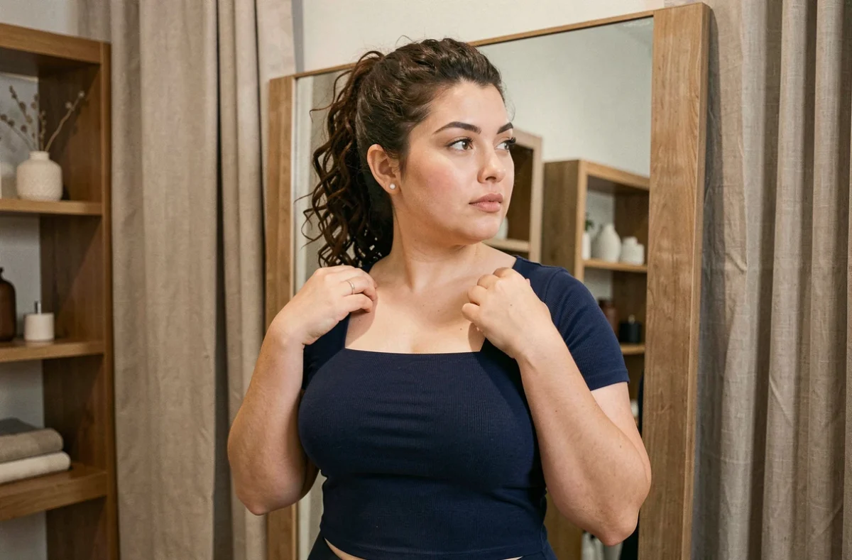 Femme jeune au visage rond avec un carré plongeant déstructuré bleu marine devant un miroir dans un dressing moderne