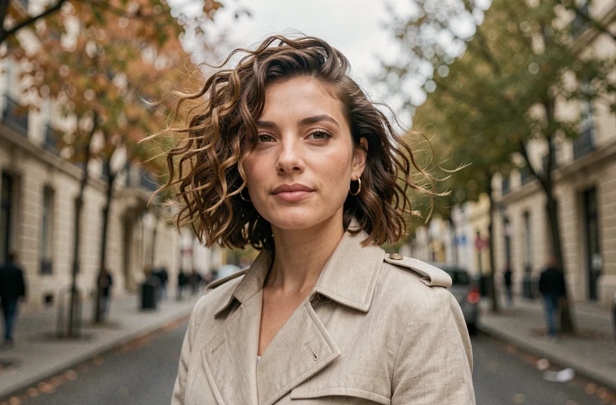 Jeune femme aux cheveux fins et bouclés mi-longs dans une rue parisienne en automne