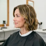 Femme aux cheveux fins courts coiffés en vagues douces dans un salon de coiffure moderne