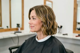 Femme aux cheveux fins courts coiffés en vagues douces dans un salon de coiffure moderne