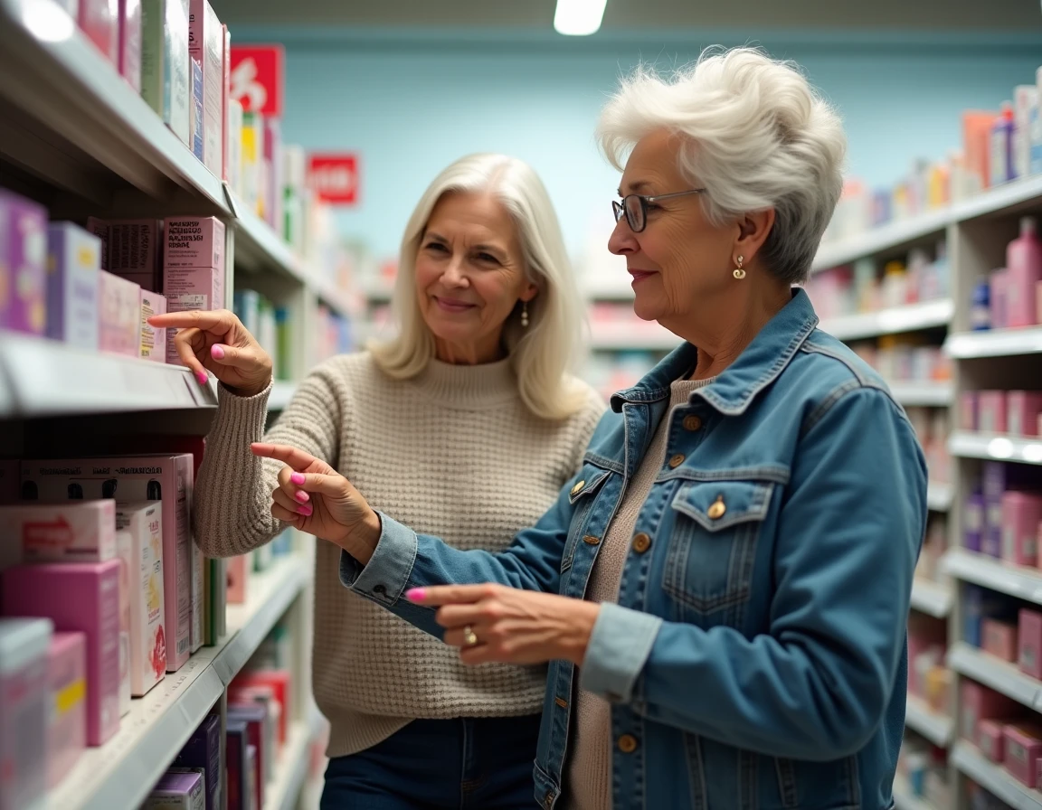 Deux femmes comparant des produits de coloration pour cheveux blancs en pharmacie à petit prix