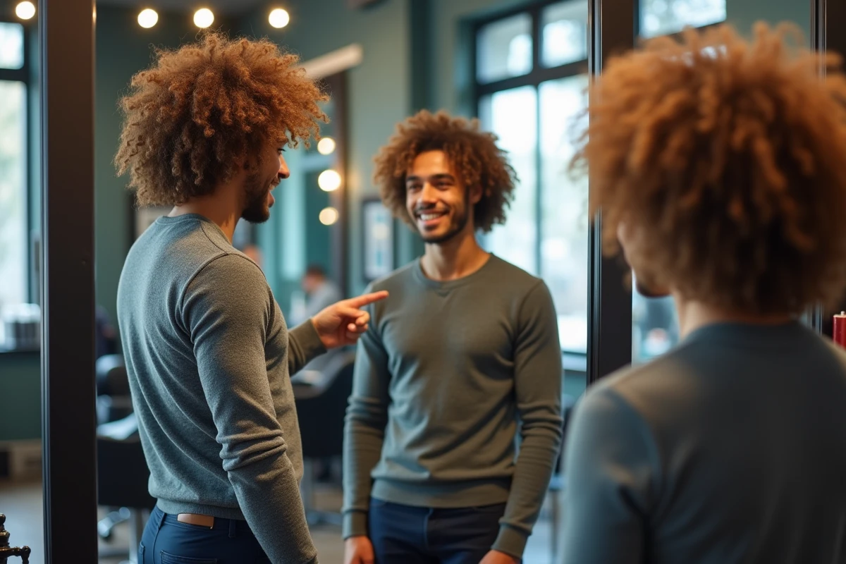 Jeune homme avec cheveux bouclés devant miroir de salon en discussion