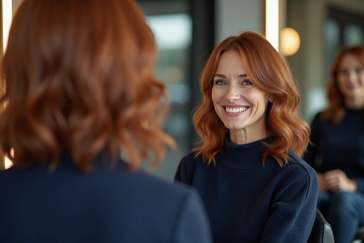 Cliente satisfaite avec une nouvelle couleur et coiffure soignée réalisée au salon Hair-actuel.fr à La Chapelle-Heulin