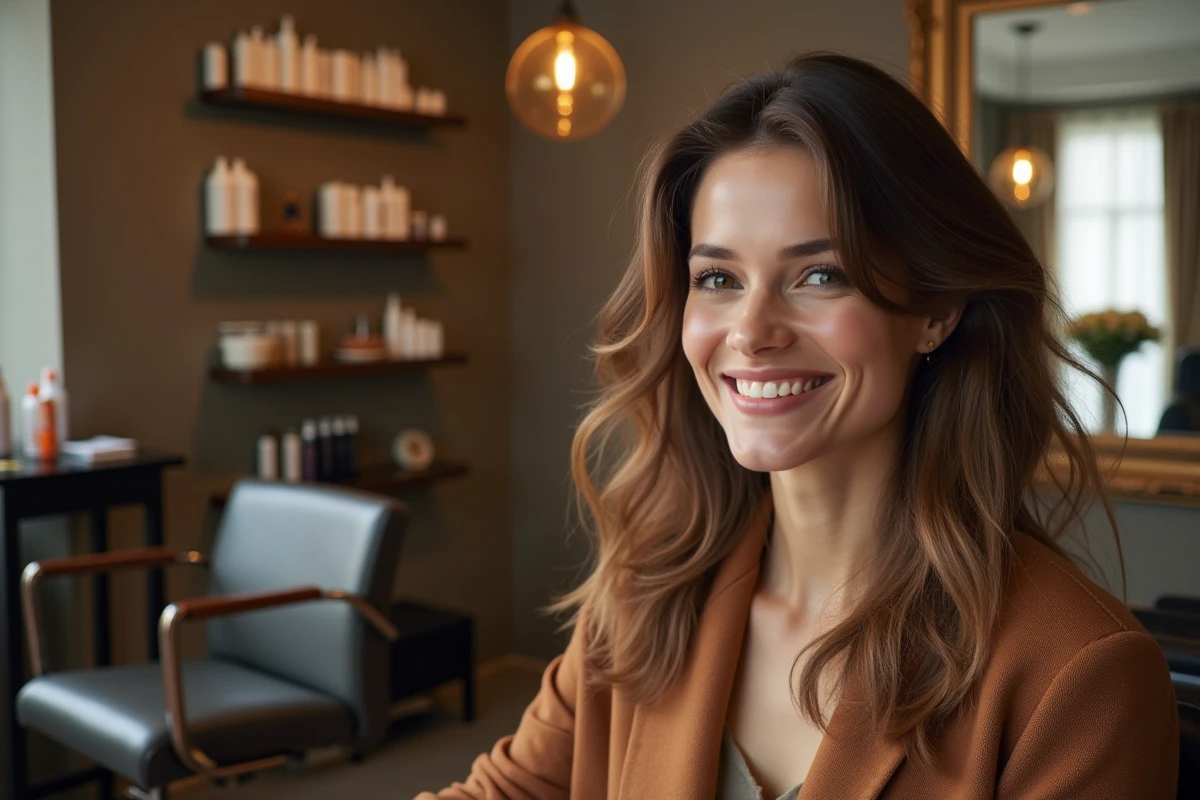 Cliente souriante admirant sa nouvelle coiffure dans le miroir d'un salon de coiffure parisien tendance