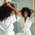 Jeune femme aux cheveux bouclés naturels qui coiffe ses boucles devant un miroir de salle de bain le matin