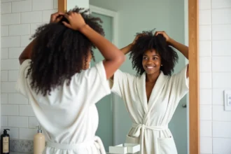 Jeune femme aux cheveux bouclés naturels qui coiffe ses boucles devant un miroir de salle de bain le matin