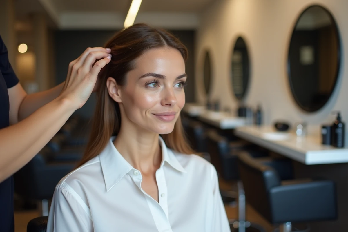 Femme dans un salon de coiffure avec reflets subtils