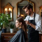 Coiffeur professionnel travaillant sur la coupe d'un client dans un salon parisien raffiné aux murs en pierre apparente
