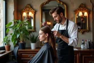 Coiffeur professionnel travaillant sur la coupe d'un client dans un salon parisien raffiné aux murs en pierre apparente