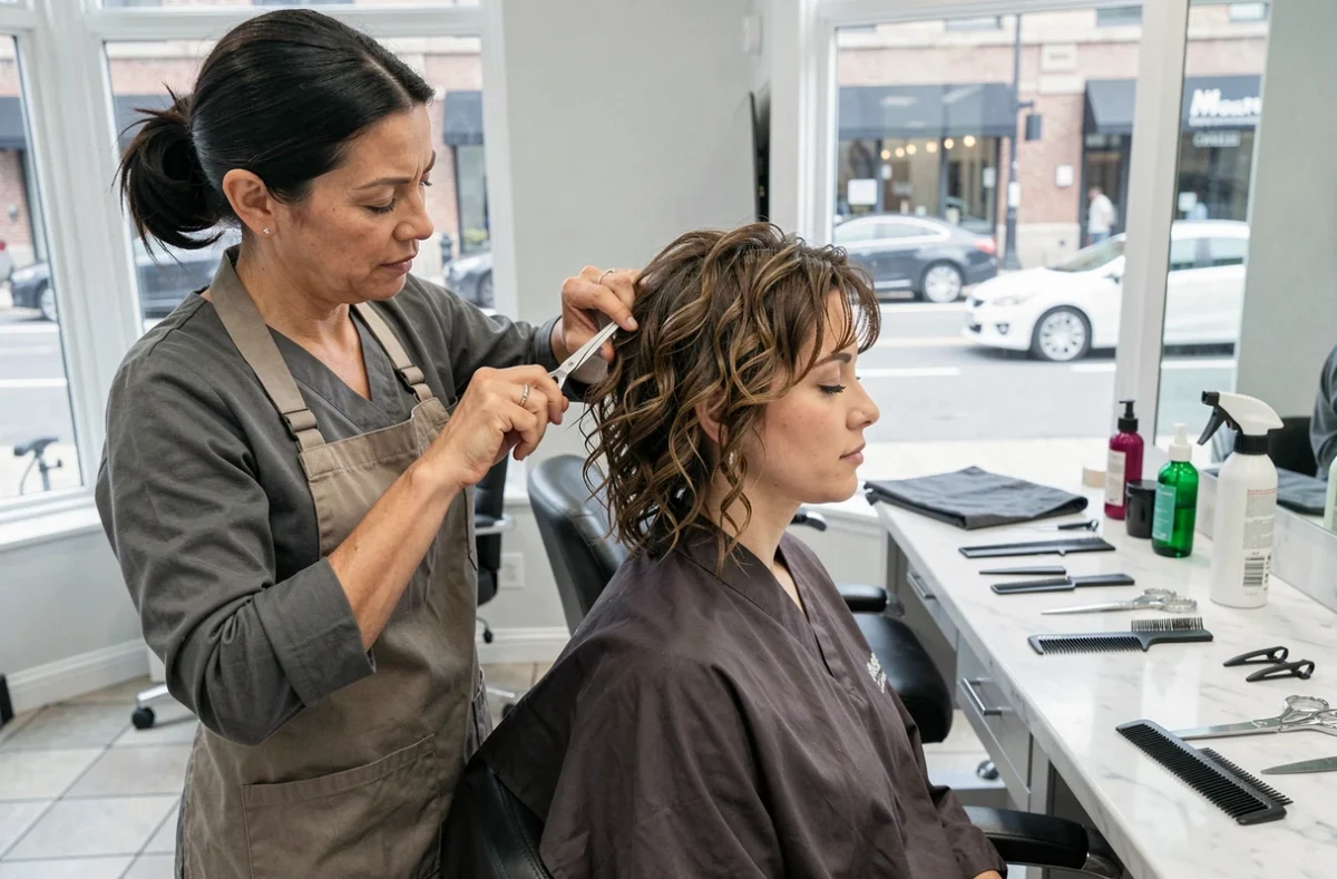 Coiffeuse professionnelle coupant les cheveux fins et bouclés d'une cliente en salon