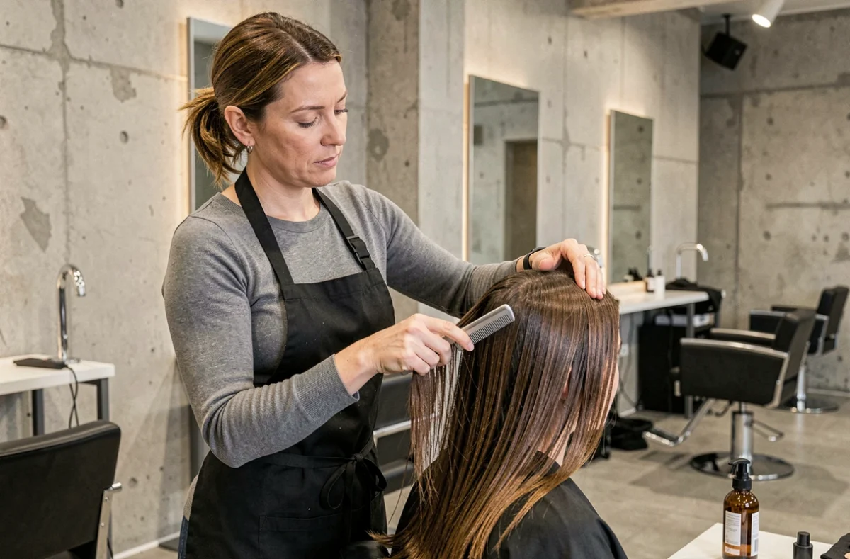 Coiffeuse professionnelle appliquant un soin capillaire sur une cliente dans un salon moderne minimaliste