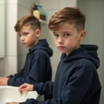 Jeune adolescent de 14 ans avec une coiffure naturelle et discrète à raie sur le côté, debout devant un miroir de salle de bain