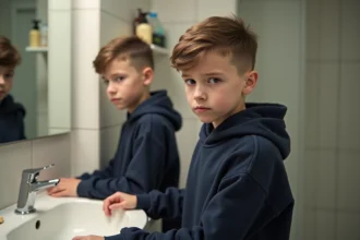 Jeune adolescent de 14 ans avec une coiffure naturelle et discrète à raie sur le côté, debout devant un miroir de salle de bain