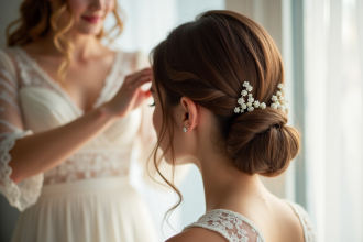Jeune femme coiffée en chignon élégant avec épingles à cheveux