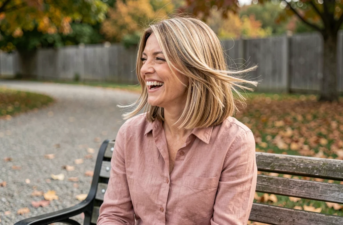 Femme aux cheveux fins coiffés en carré plongeant texturé, assise dans un parc en automne avec une expression détendue