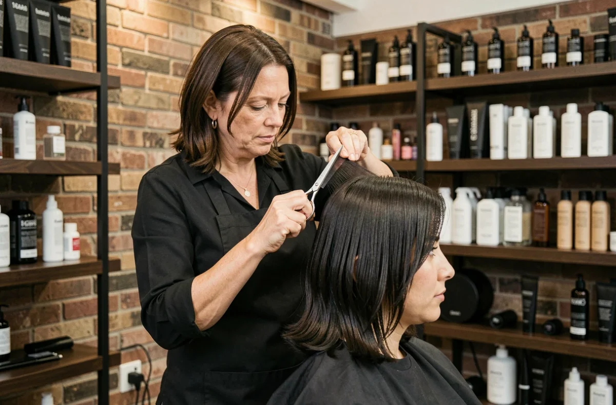 Coiffeuse professionnelle réalisant une coupe carré dégradé sur cheveux fins et sombres dans un salon au décor moderne