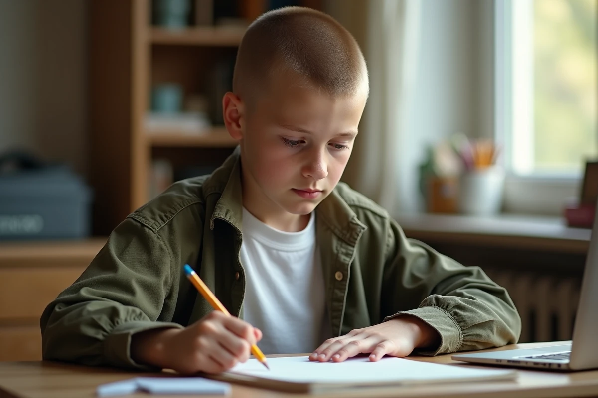 Garçon adolescent de 14 ans avec une coupe courte et entretenue, concentré sur son carnet de dessin dans sa chambre