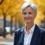 Femme de 70 ans avec une coupe pixie argentée courte et dynamique, portant un blazer marine, souriante en extérieur en automne